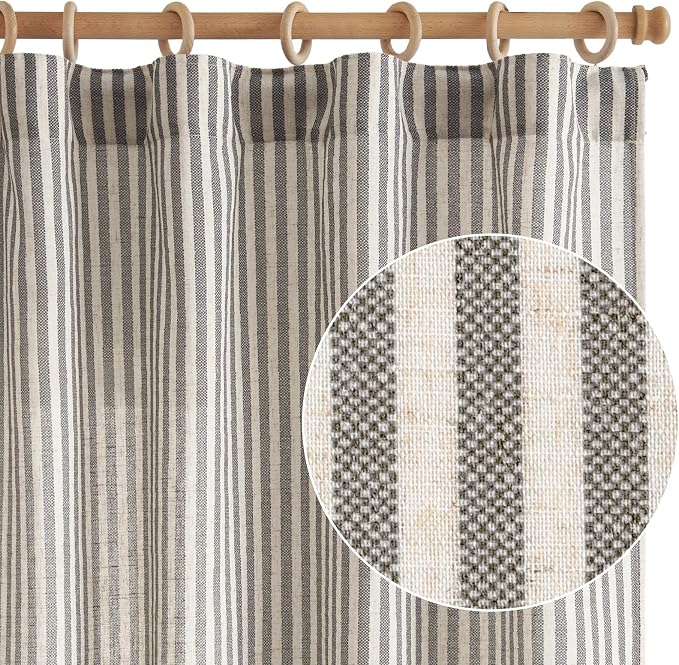 jinchan Linen Curtains Charcoal Grey on Beige Striped Curtains - Image 2