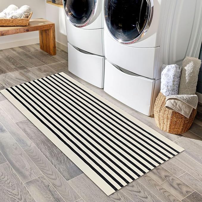 IOHOUZE Black Beige Striped Rug -2'x4.3' Front Door Rugs Outdoor, Small - Image 4