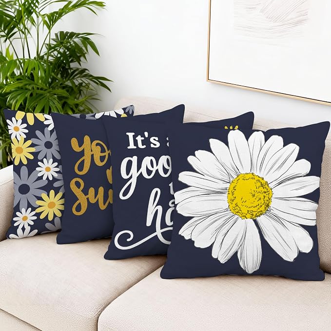 Hexagram Spring Summer Pillow Covers 16x16 Set of 4, Outdoor Floral Daisy - Image 2