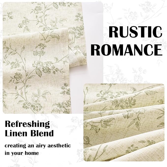 Lazzzy Farmhouse Linen Curtains Green Floral Curtains 96 Inch Length Back Tab - Image 4