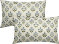 Blue Green Block Print Lumbar Pillow Covers 12x20 Inch Set of 2, Vintage Floral by Sivirary