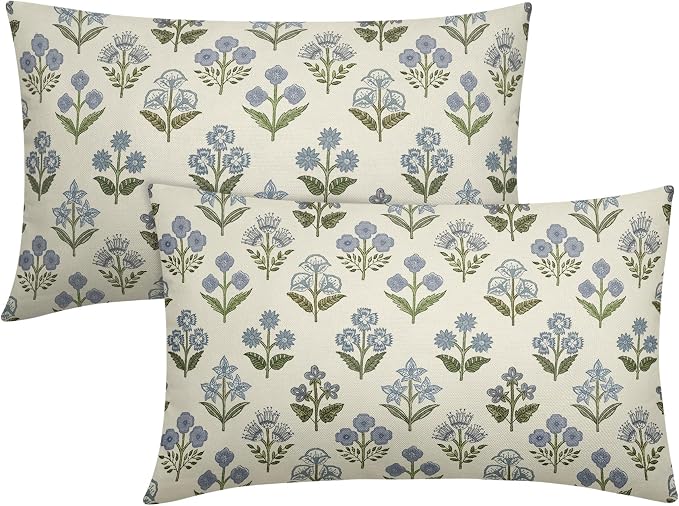 Blue Green Block Print Lumbar Pillow Covers 12x20 Inch Set of 2, Vintage Floral by Sivirary
