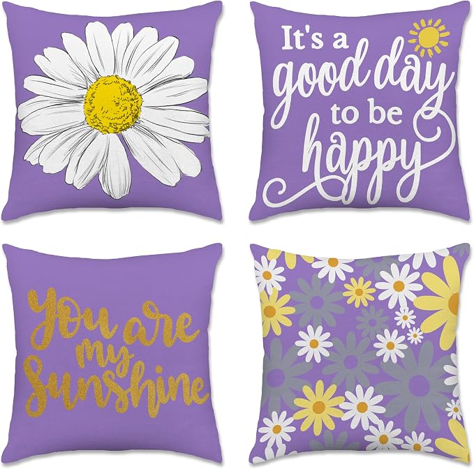 Hexagram Spring Summer Pillow Covers 18x18 Set of 4, Outdoor Floral Daisy by Hexagram