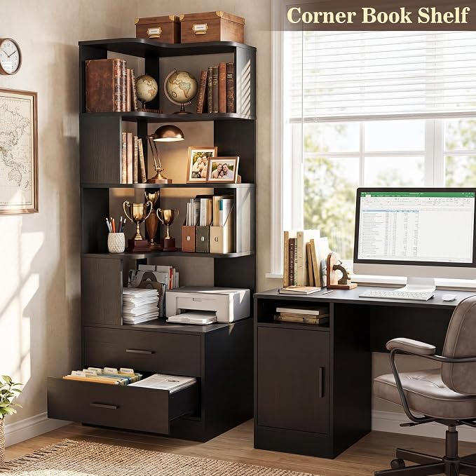 Armocity Corner Bookshelf with Drawers, 7 Tier Corner Book Shelf Display - Image 2