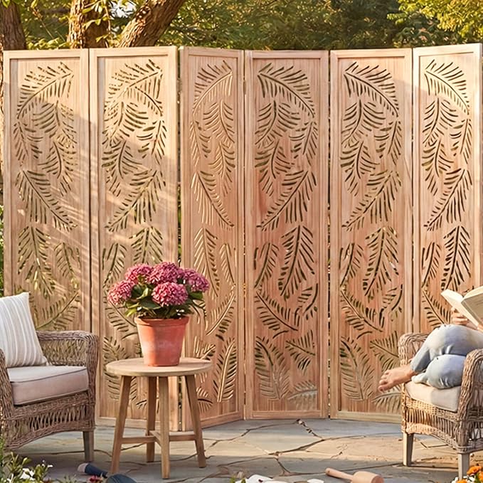 Boho Room Divider with Feather Carving, 6-Panel Openwork Wood Screen, by Jostyle