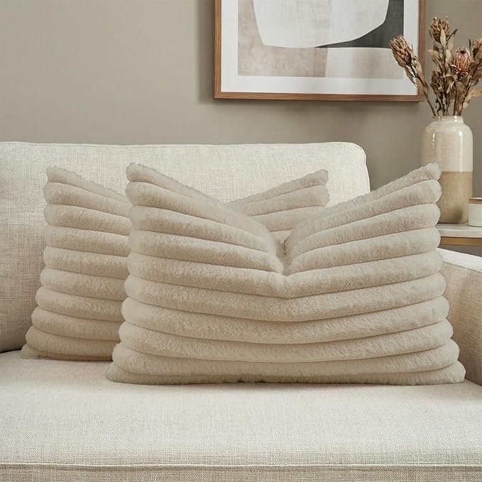 FUTEI Beige Decorative Throw Pillow Covers Set of 2, 12x20 Inch Soft Fluffy by FUTEI