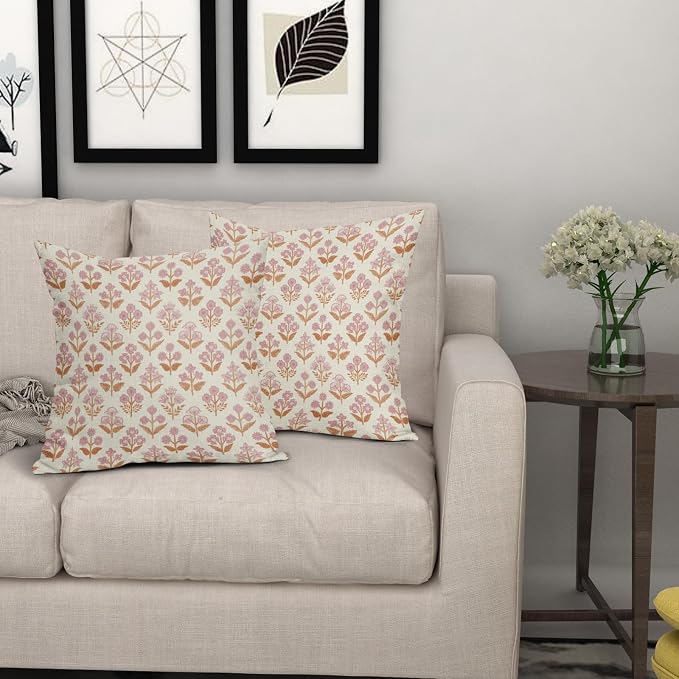 Orange Pink Floral Pillow Covers 24x24 Inch Set of 2, Vintage Flower Block - Image 7