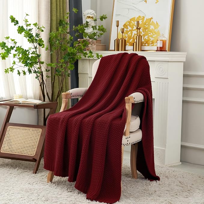 Chunky Cable Knit Throw Blanket Lightweight Wine red 100% Organic Cotton Blanket - Image 3