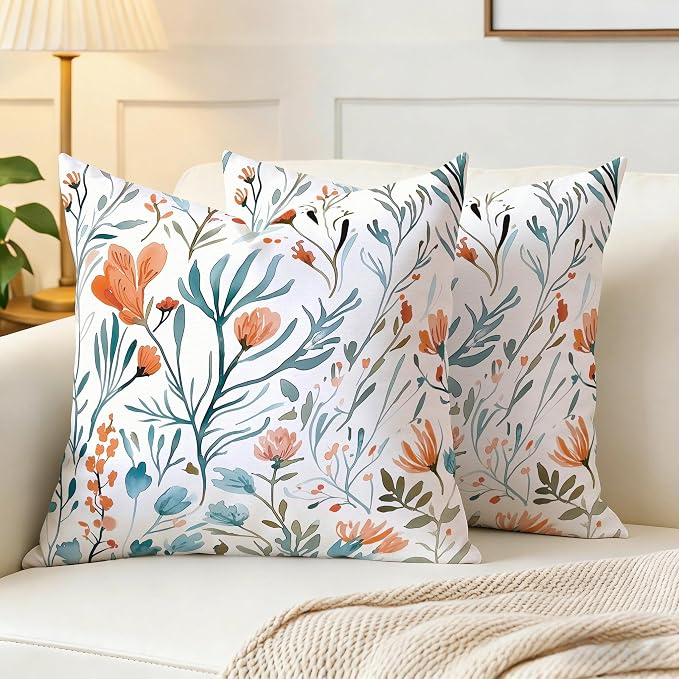 Turquoise Orange Floral Throw Pillows Covers 18x18 in Set of 2, Decorative Teal - Image 3