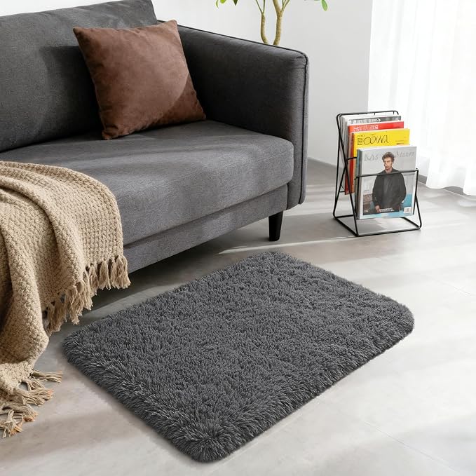 Merelax Fluffy Shaggy Small Area Rug, Dark Grey 2x3 Doormat Door Rugs - Image 8