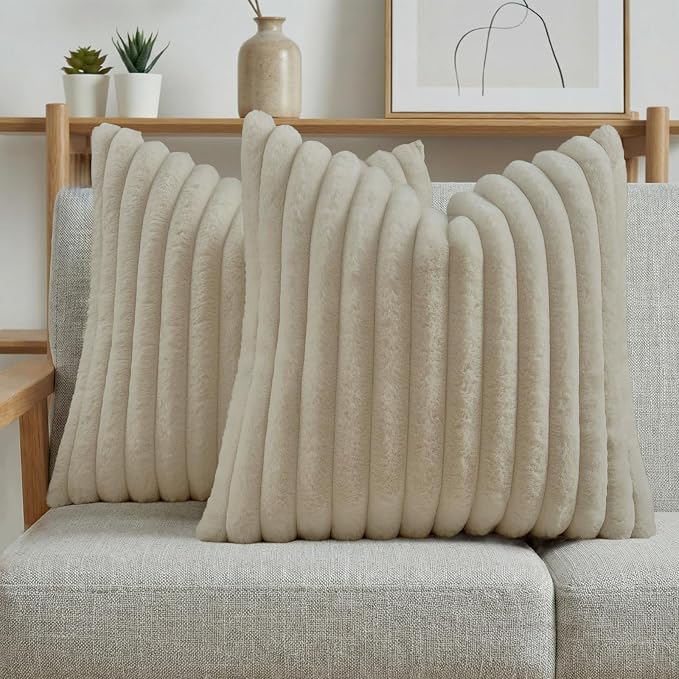 FUTEI Beige Decorative Throw Pillow Covers Set of 2, 20x20 Inch Soft Fluffy by FUTEI