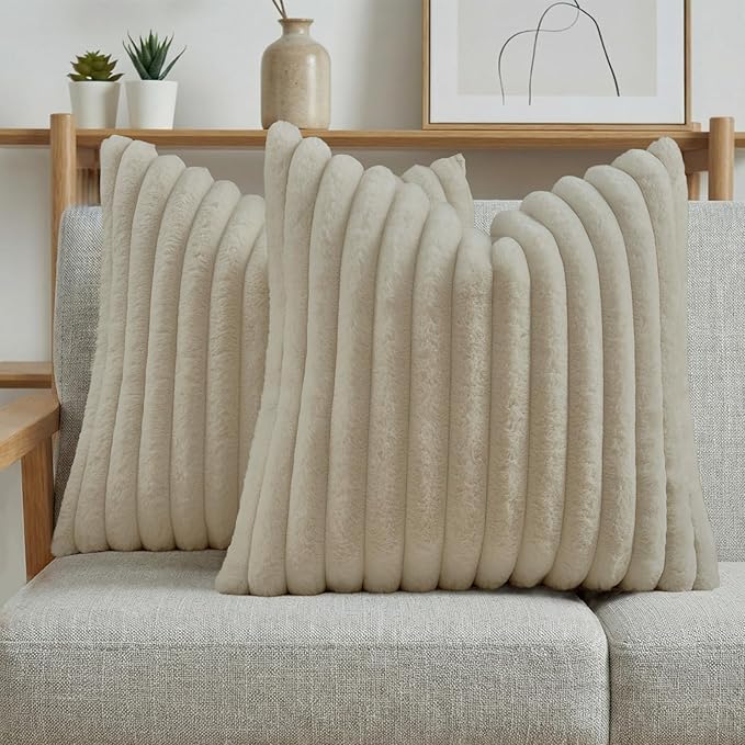 FUTEI Beige Decorative Throw Pillow Covers Set of 2, 18x18 Inch Soft Fluffy by FUTEI