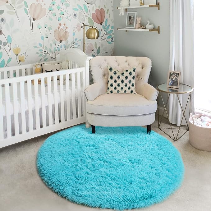 Amdrebio Blue Round Rug 5Ft for Bedroom, Fluffy Circle Area Rugs for Kids Room - Image 5