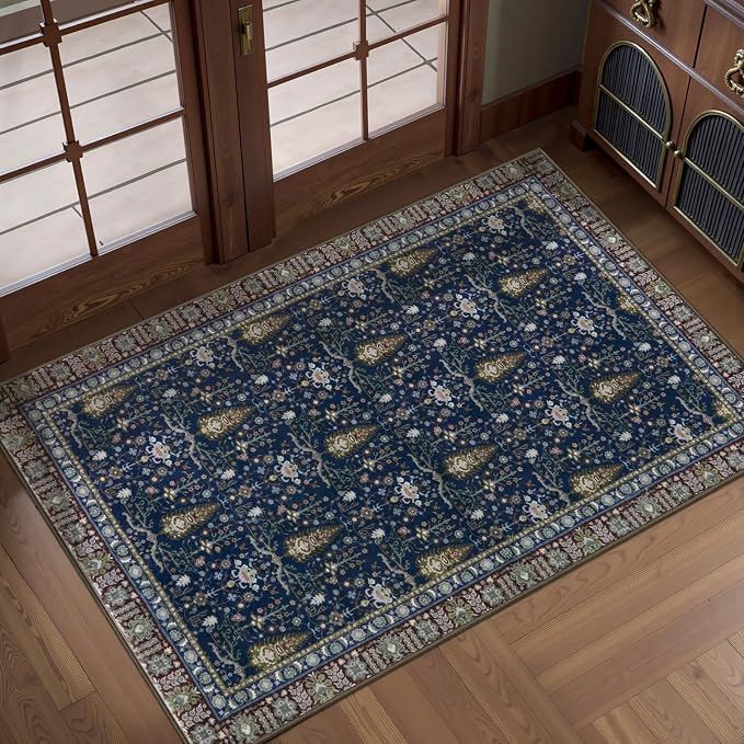 Tangsoo 2x3 Small Washable Entry Rug, Vintage Boho Blue Floral Rug - Image 2
