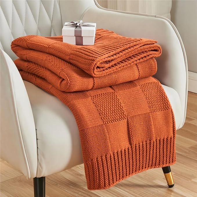 CozeCube Check Knit Throw Blanket, Rust Orange Checkered Throw by CozeCube