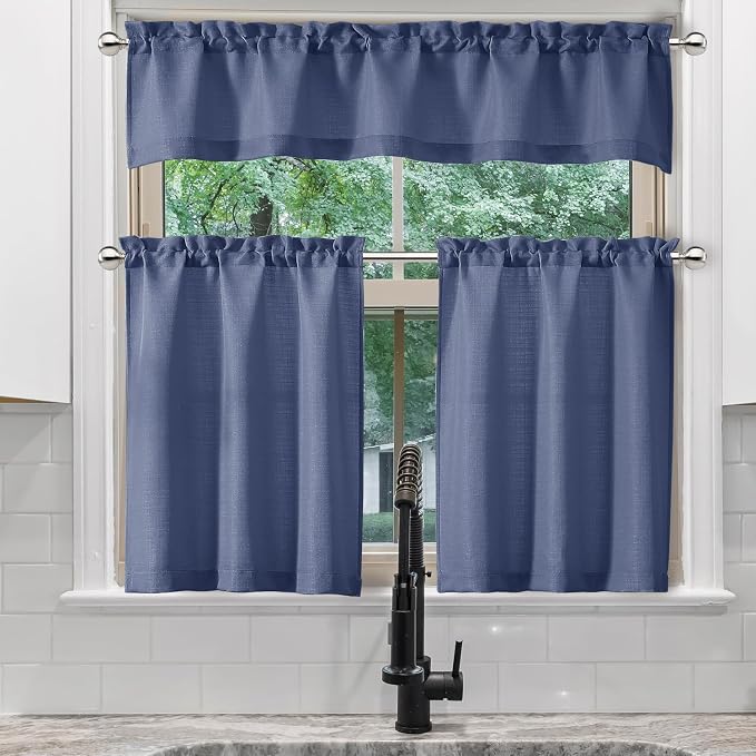 Chyhomenyc Blue Curtains 30 Inch Length, Faux Linen Textured Small Cafe Curtains - Image 8