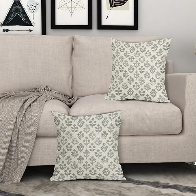 Grey Gray Floral Pillow Covers 20x20 Inch Set of 2, Vintage Flower Block Print - Image 3