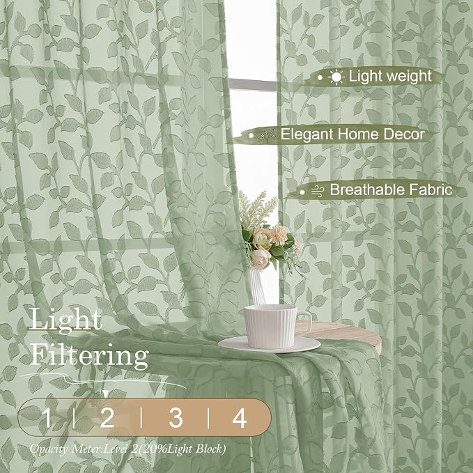 Chyhomenyc Sage Green Sheer Curtains 84 Inch Length 2 Panels Set, Light - Image 3