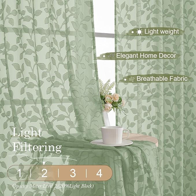 Chyhomenyc Sage Green Sheer Curtains 90 Inch Length 2 Panels Set, Light - Image 2