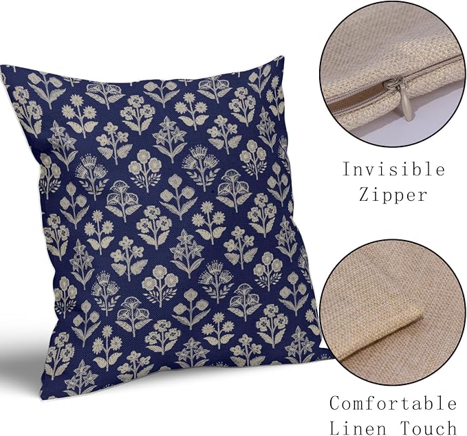 Navy Blue Floral Block Print Pillow Covers 20x20 Inch Set of 2, Vintage Flower - Image 4