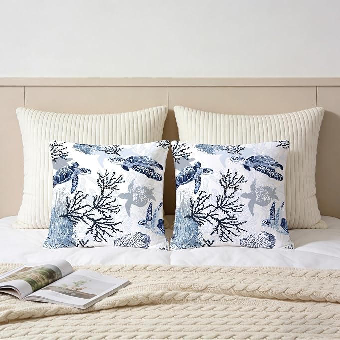 Cute Nautical Blue Pillow Covers Set of 2, Coastal Beach Themed Coral Sea - Image 5