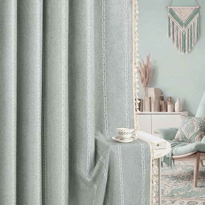 Teal Boho Blackout Curtains 96 Inches Long Light Green Linen Blend 2 Panels - Image 7