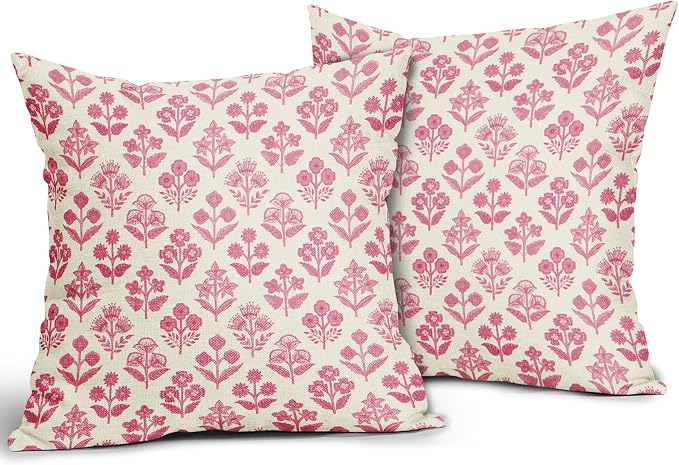 Hot Pink Floral Pillow Covers 22x22 Inch Set of 2, Vintage Flower Block Pattern - Image 2