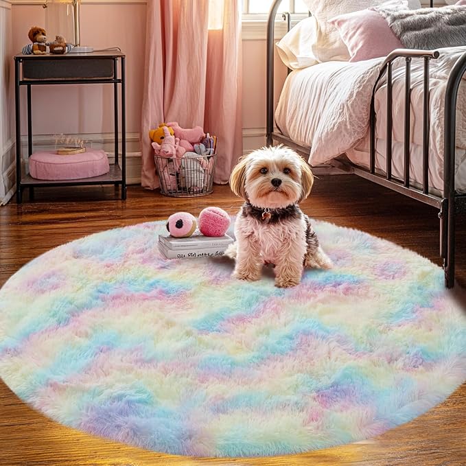 Round 5x5 ft Fluffy Rainbow Rug: Ultra Soft Furry Girls Bedroom Carpet- - Image 2