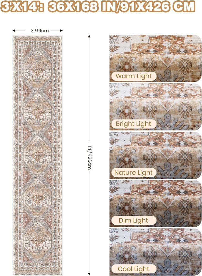3x14 Runner Rug for Hallway, Non-Slip Long Kitchen Mats for Floor, Vintage - Image 2