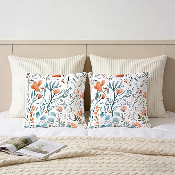 Turquoise Orange Floral Throw Pillows Covers 18x18 in Set of 2, Decorative Teal - Image 5