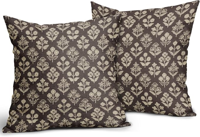 Dark Brown Floral Pillow Covers 24x24 Inch Set of 2, Vintage Flower Block Print - Image 2
