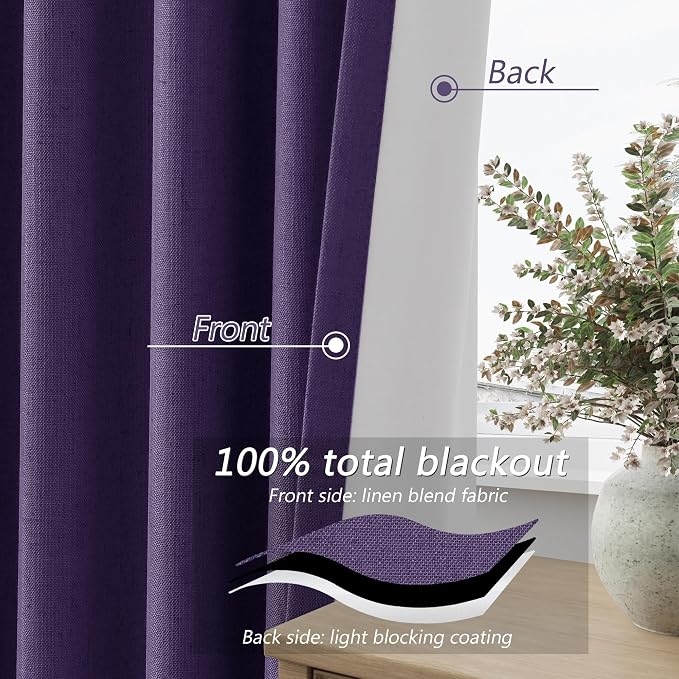 Guken New Purple 100% Blackout Linen Curtains 96 Inch Length 2 Panels Set - Image 4