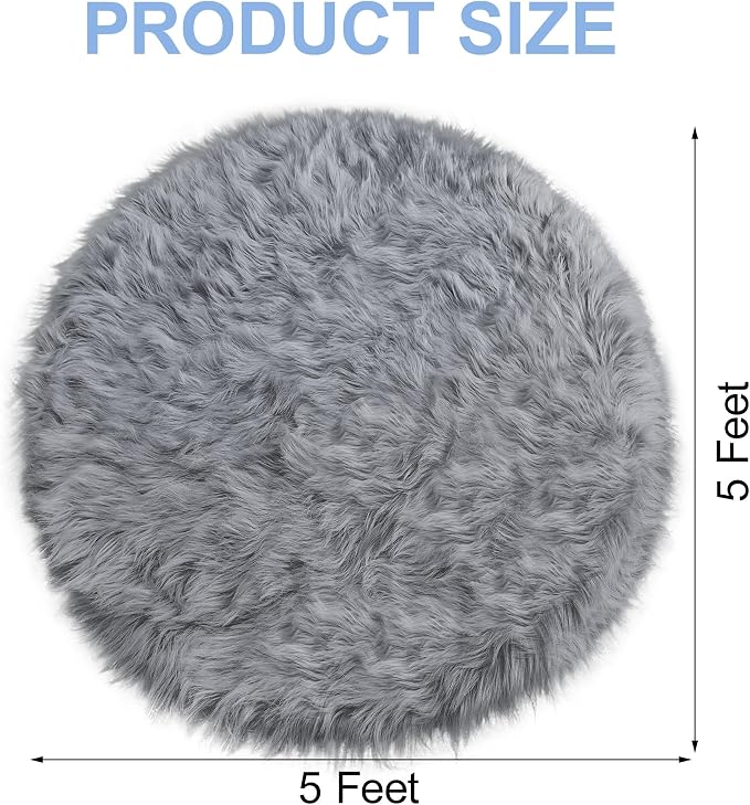 Grey Faux Fur Round Rugs for bedroom Living Room, Furry Carpet for Teen - Image 2