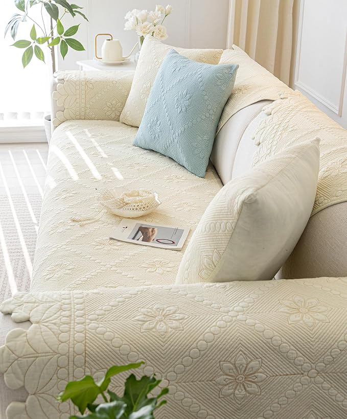 Cotton Quilted Dog Couch Cover for Sofa Farmhouse Rustic Embroidery Sectional - Image 6