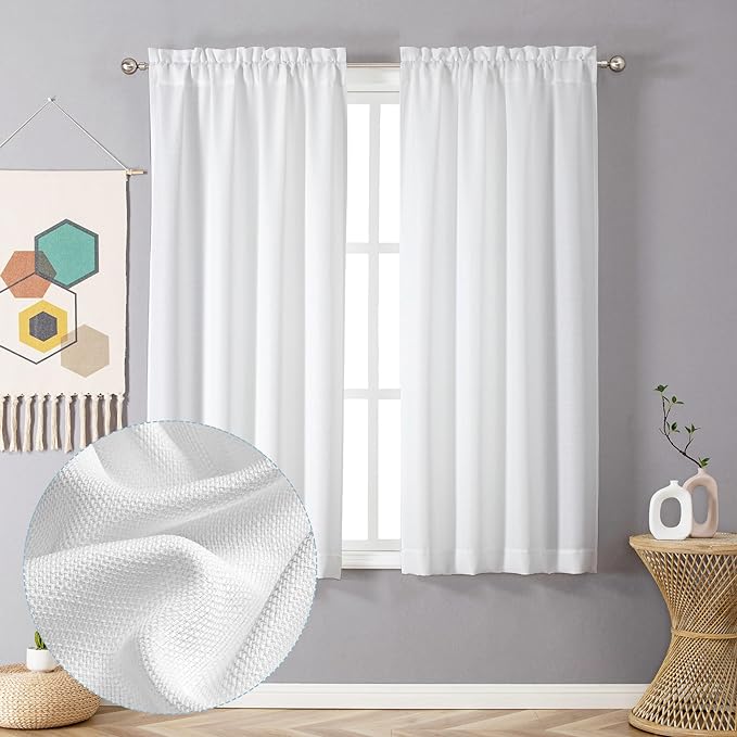 Chyhomenyc White Curtains 54 Inch Length 2 Panels, Faux Linen Textured Semi - Image 2