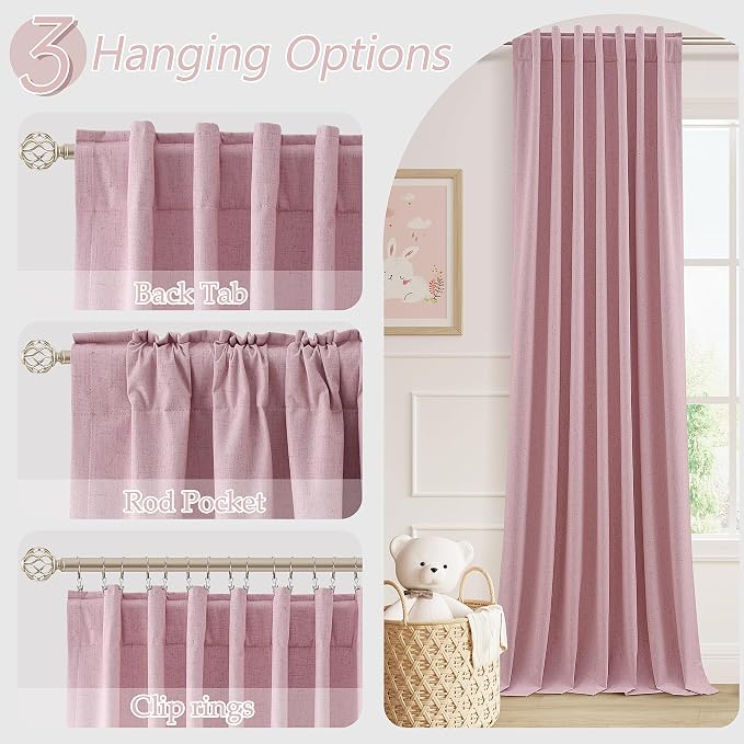 Guken Rose 100% Blackout Linen Curtains 96 Inch Length 2 Panels Set - Image 6