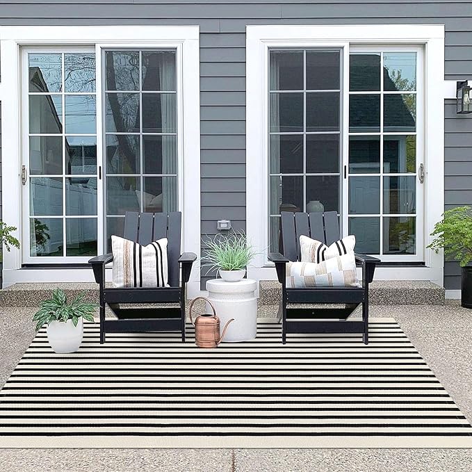 IOHOUZE Black Beige Striped Rug -4'x6' Front Door Rugs Outdoor, Washable Area - Image 4