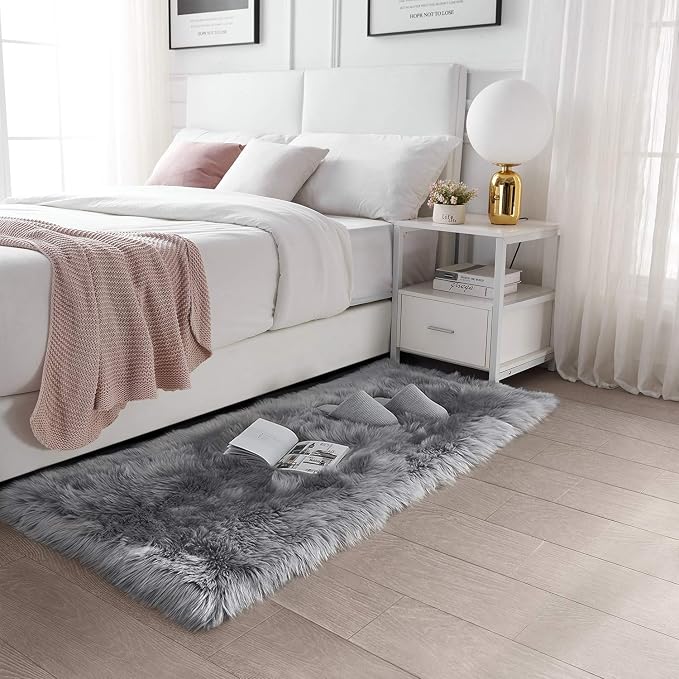 SERISSA Soft Fluffy Rug Grey Faux Sheepskin Fur Rug Shaggy Area Rug - Image 2