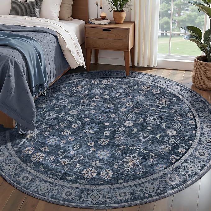 Tangsoo Vintage Round Rug 6ft Washable Circle Rug, Non Slip Boho Navy Blue - Image 2