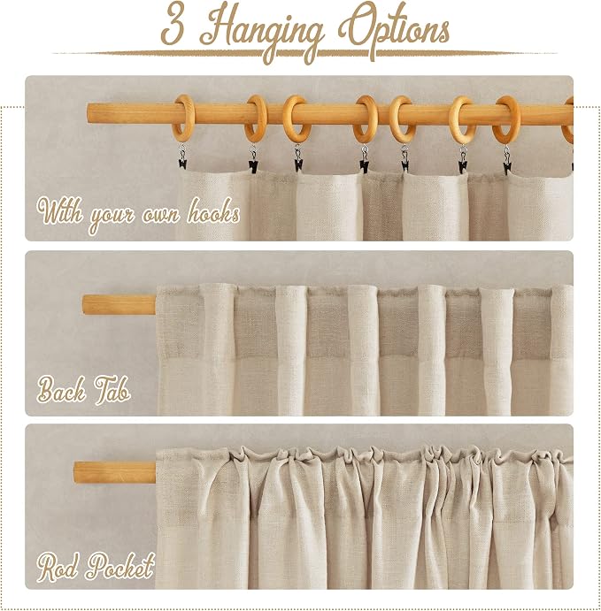 NICETOWN Linen Cream Curtains 108 inches Long, Rod Pocket & Back Tab Flax Linen - Image 2