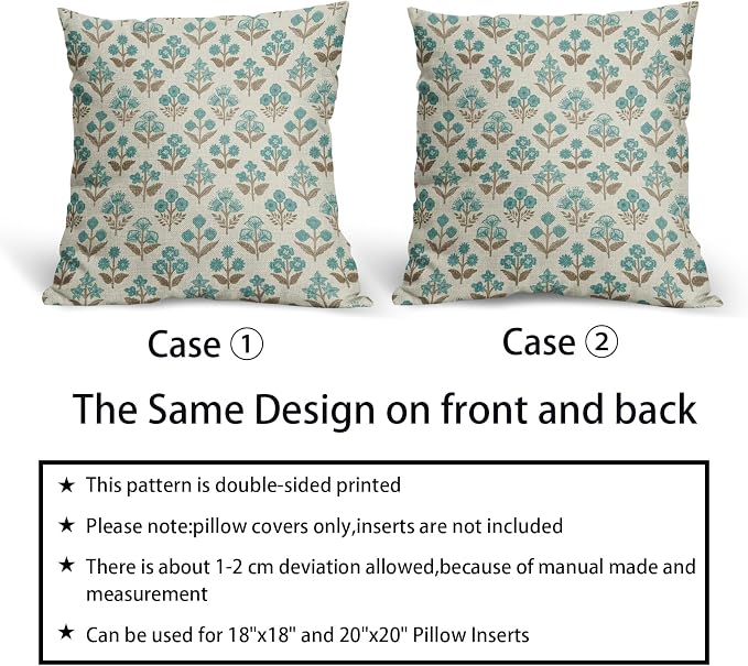Brown Cyan Floral Pillow Covers 22x22 Inch Set of 2, Vintage Flower Block Print - Image 6