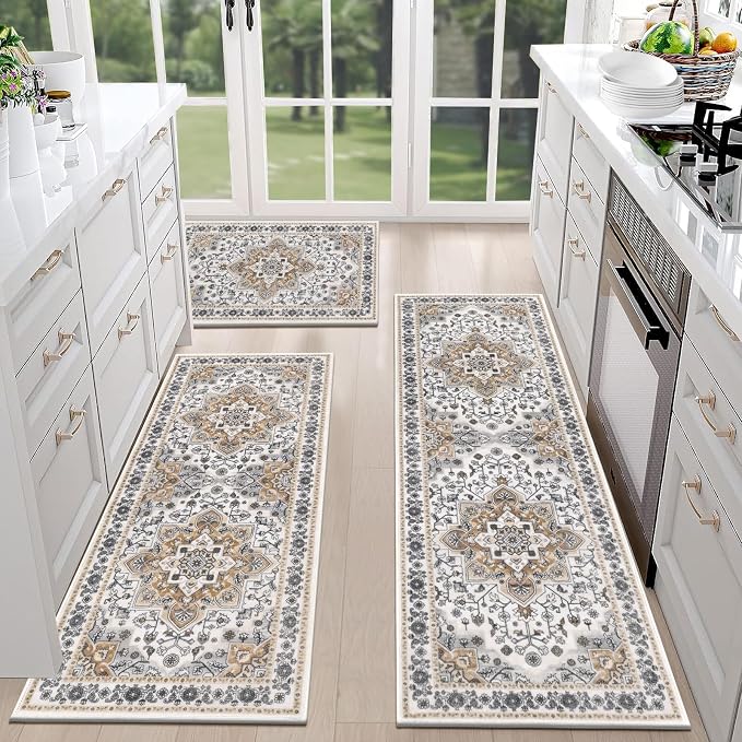 HEBE Farmhouse Kitchen Rugs Sets of 3 Non Slip Washable Boho Kitchen Rugs and by HEBE