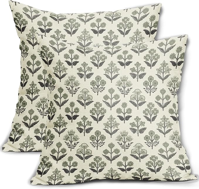 Black Sage Green Floral Block Print Pillow Covers 22x22 Inch Set of 2, Vintage by Sivirary