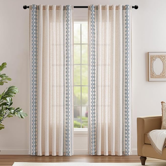 jinchan Boho Curtains Linen Blend Beige Farmhouse Curtains 84 Inches Long - Image 2