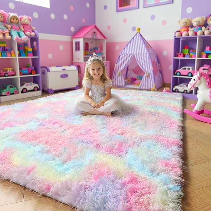 Rainbow Pastel Kids Rugs for Toddler Girls Bedroom, Cute Unicorn Room Decor by Amdrebio