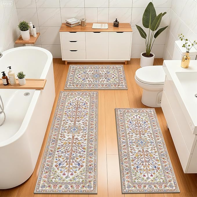 HEBE Boho Kitchen Rugs Sets of 3 Non Slip Washable Farmhouse Kitchen Rugs and - Image 8