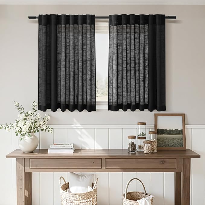 Nanspring Linen Kitchen Curtains 30 Inches Long Black Semi Sheer Short Curtains - Image 7