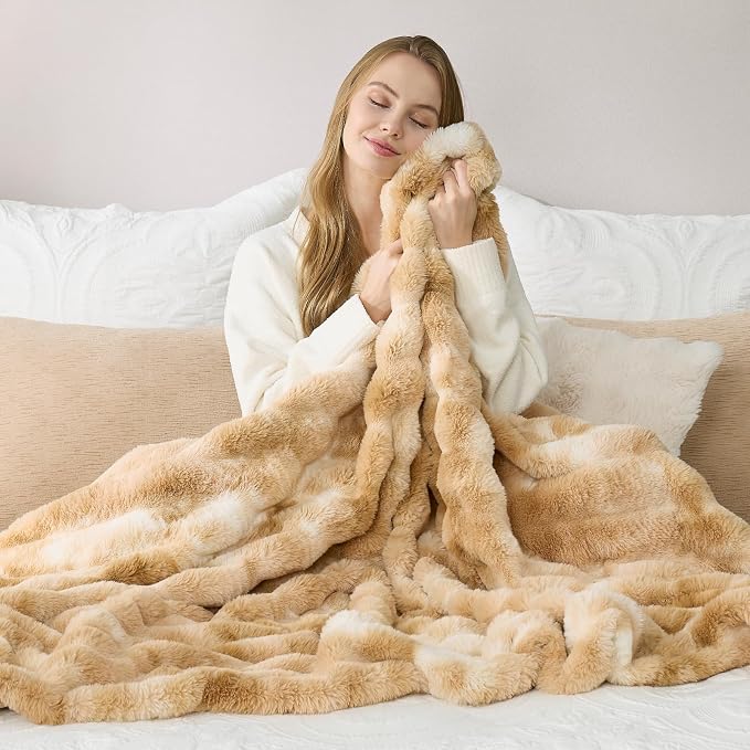 Cozy Bliss Deluxe Striped Rabbit Faux Fur Throw Blanket, Soft Fluffy Warm Plush by CozyBliss