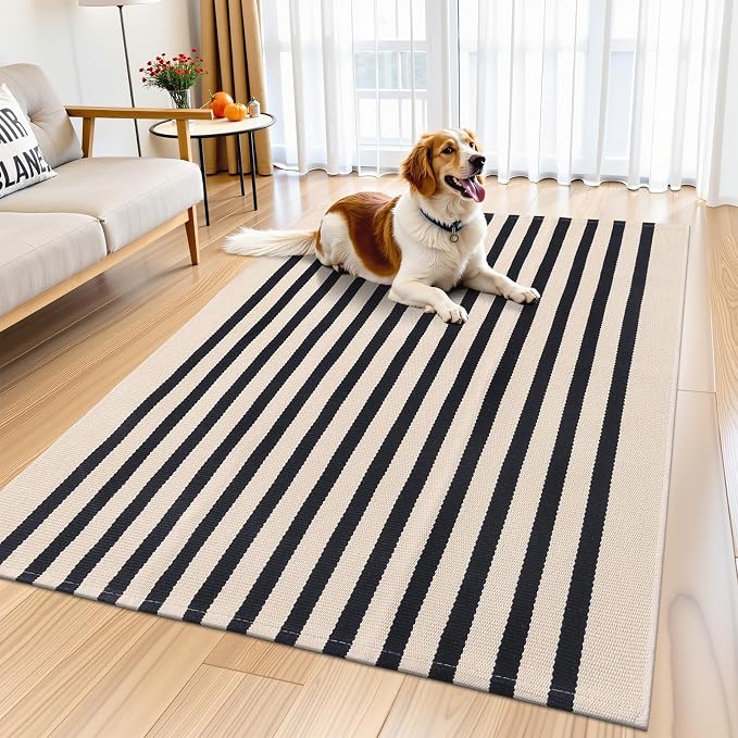 OLANLY Beige and Black Striped Rug 3' x 5' – Washable Cotton Doormat - Image 9