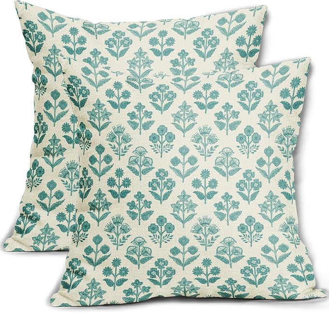 Teal Floral Pillow Covers 24x24 Inch Set of 2, Vintage Flower Block Print by Sivirary